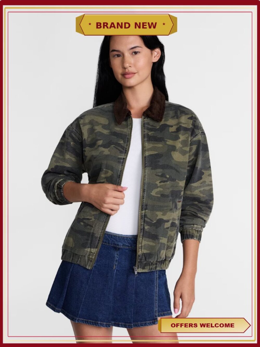 Women's Cotton Twill Bomber Jacket Corduroy Collar Cropped